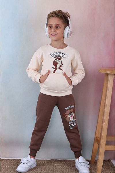yagmurgiyim PJK3İ Tasmanian Devil με μοτίβο καφέ τσέπη καγκουρό 3 κλωστές ράστερ 100% βαμβακερό αγορίστικο φούτερ