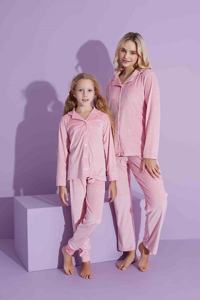yagmurgiyim Pink Velvet Pajamas Set for Girls - Front Button, 5-15 Years 2791-2792-P