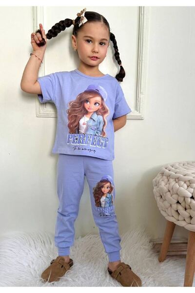 Yağmur Giyim Lilac Print Girl's Set -Diesel with Short Sleeve Headqa and Esho...