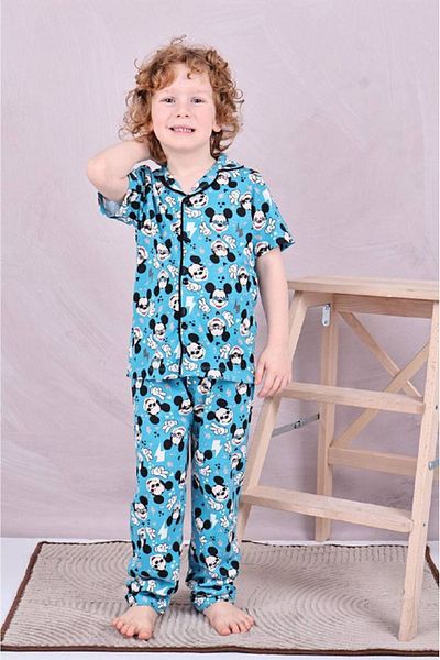 Yağmur Giyim Mickey Patterned Blue Short Sleeve Children's Pajamas Set for Ages 4-12