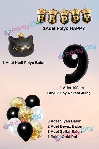 Party City 9 Years Old Crowned Black Cat Themed Foil Balloon Set - Birthday Celebration