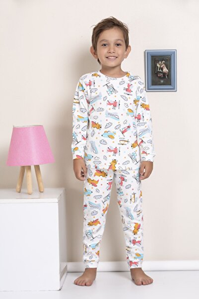 yagmurgiyim ELMP Ekru Helikopter Desenli Fitilli Kumaş %100 Pamuk Erkek Çocuk Pijama Takımı 1-13 Yaş 3051