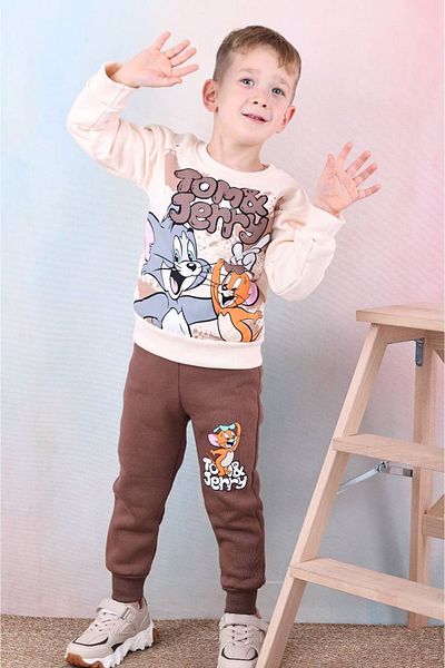yagmurgiyim PJK3İ Tom & Jerry με μοτίβο καφέ 3 κλωστές ράστερ 100% βαμβακερό σετ φόρμας για αγόρια 3-10 ετών 739