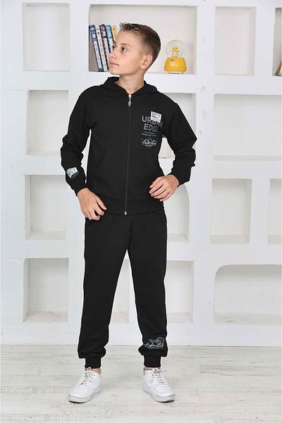 yagmurgiyim PJK2İ Urban Patterned - Μαύρο Σετ αθλητικής φόρμας για αγόρια με φερμουάρ 2 κλωστών 100% βαμβάκι 5-14 ετών 7466-S