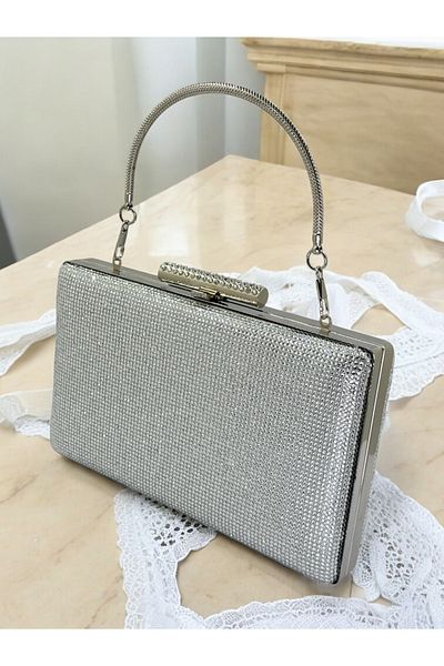 Wedding Fashion Culoare argintie, complet în două rețete, piatră, mâner metalic, geantă de seară pentru femei, nuntă, logodna, absolvire