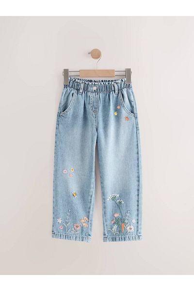 Teeny Weeny Kids Girl's Floral Embroidered Elastic Waist Button Closure Wide Leg Comfortable Jean Jeans Pants