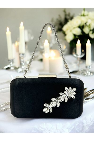 Wedding Fashion Culoare Neagră Satin Piatră Mâner Femei Rochie De Seară Geantă Nunta Logodna Absolventa