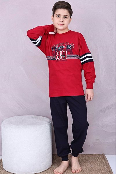 Yağmur Giyim Claret Red Texas Printed Boys' Pajama Set 11-15 Years 7015-B