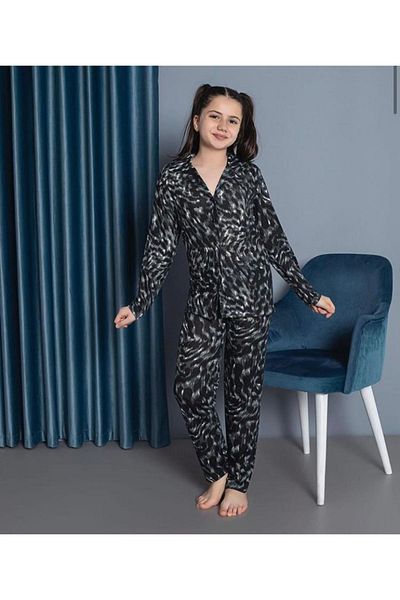 yagmurgiyim Set de pijamale cu mânecă lungă cu imprimeu leopard negru pentru fetiță, 7-14 ani