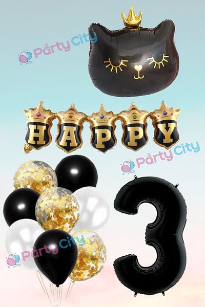 Party City Σετ μπαλονιών με θέμα την κορώνα μαύρη γάτα 3 ετών - Γιορτή γενεθλίων