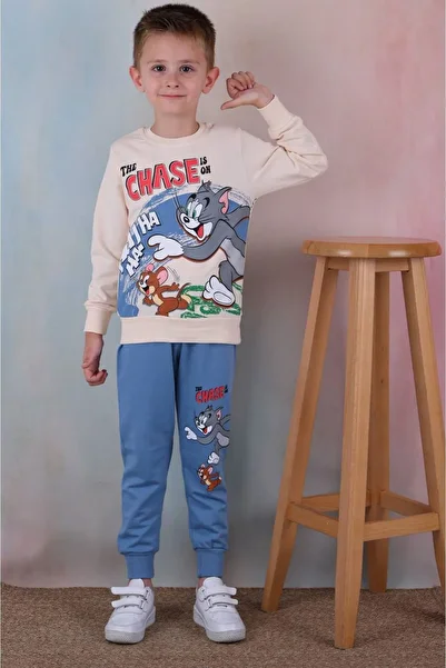 yagmurgiyim Tom&Jerry Patterned Blue Tracksuit Set for Boys - 100% Cotton, 3-10 Years, 7239-m