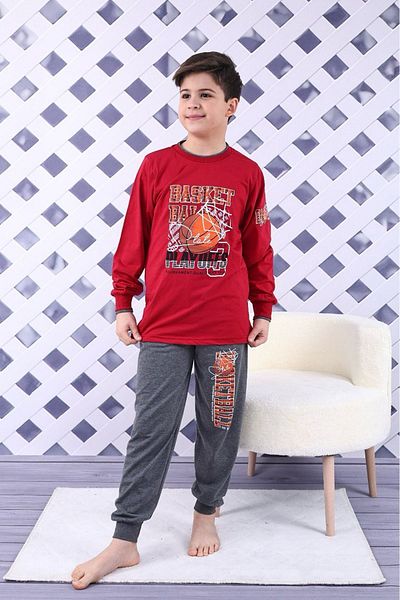 Yağmur Giyim Kapıp Claret Red Basket Printed Long Sleeve Boy Pajama Set 11-15 Years 7017-B