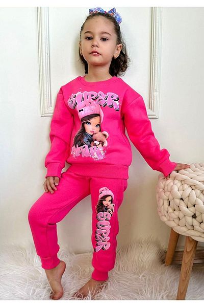 yagmurgiyim Pjk3i Super Girl με μοτίβο φούξια 3 κλωστές ροζ χρυσό 100% βαμβακερό σετ φόρμας για κορίτσια 3-10 ετών 7354-f