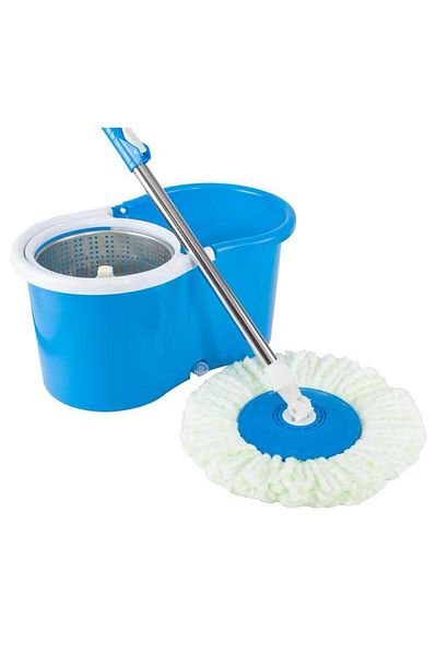 Generica Easy-to-spin wheeled mop and bucket with 360-degree rotating stainless steel bucket for cleaning home floors, blue