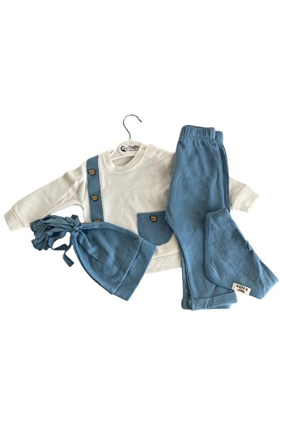 Yağmur Giyim Teddy Bear Buttoned Waffle Fabric 100% Cotton 4 Piece Blue Boy's...