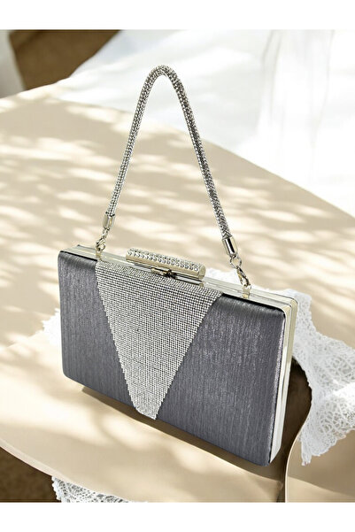 Generic Brand Custom Anthracite Gray Evening Dress Bag Platinum Crystal Stone...