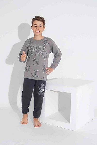 yagmurgiyim Tarp Gray Dinosaur Interlock Pajamas for Boys 3-11 Years 3741-3742-g