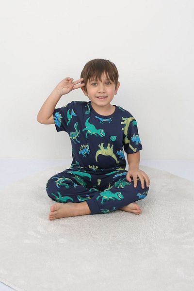 Yağmur Giyim Boy's 3-8 Years Old Izob Green Dinosaur Pajama Set