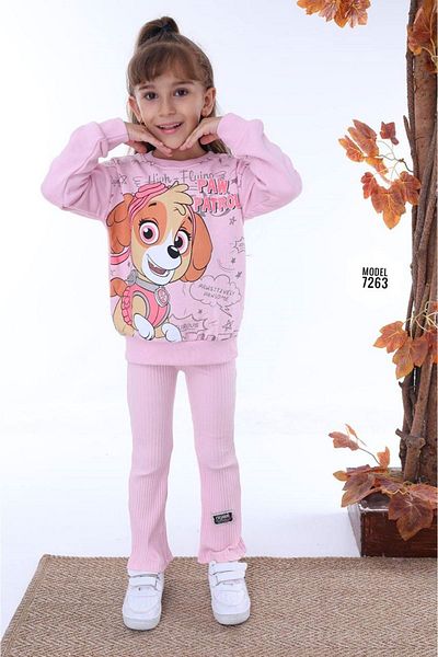 yagmurgiyim PJK2İ Paw Oil Patterned Pink Fitilli κολάν 2 κλωστές 100% βαμβακερό σετ για κορίτσια 3-10 ετών 7263-P