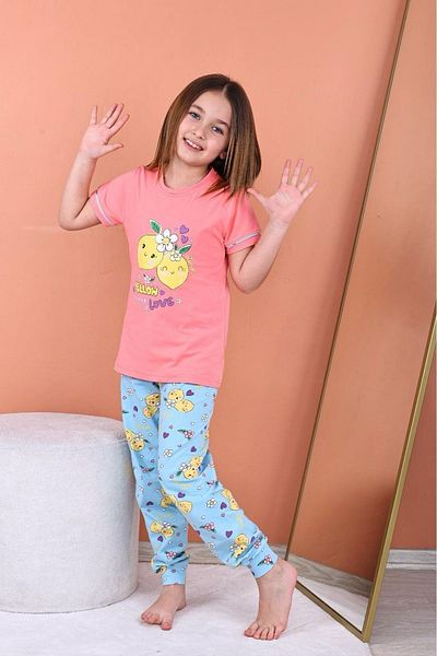 Yağmur Giyim Kapıp Pomegranate Flower Lemon Printed Short Sleeve Girl Pajamas Set 11-15 Years 8033-N