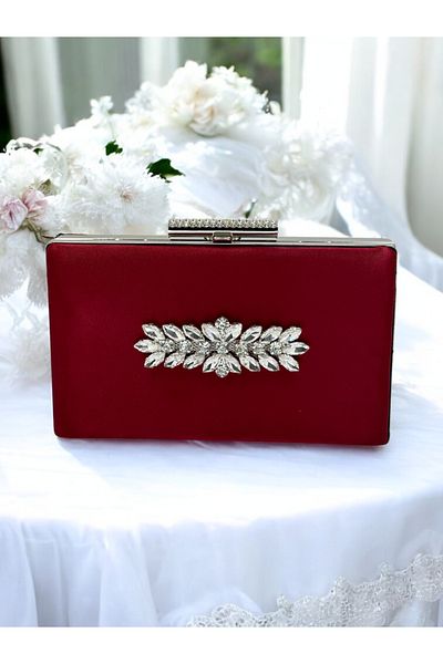 MidStore Bordeaux Crystal Stone Satin Geantă de seară pentru femei Geantă de seară pentru nuntă, logodnă, absolvire