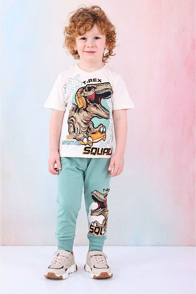 yagmurgiyim PJKKE T-rex Dinosaur Print Πράσινη αθλητική φόρμα για αγόρια με κοντομάνικο κοστούμι για ηλικίες 3-10 7495-Y