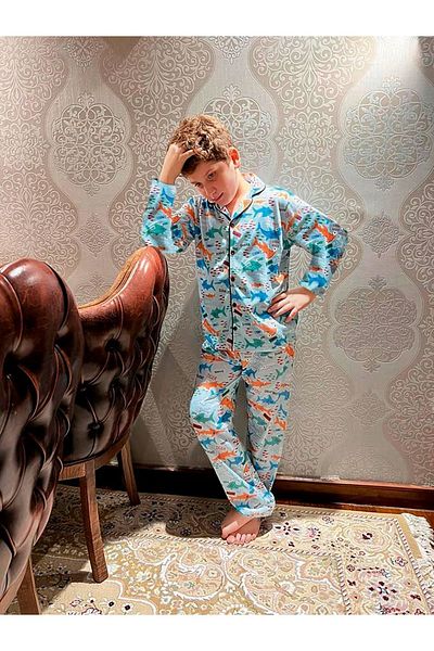 yagmurgiyim Pjkö Set de pijamale pentru băieți, albastru, cu mânecă lungă, cu nasturi în față, cu model de pește, 4-12 ani 705u