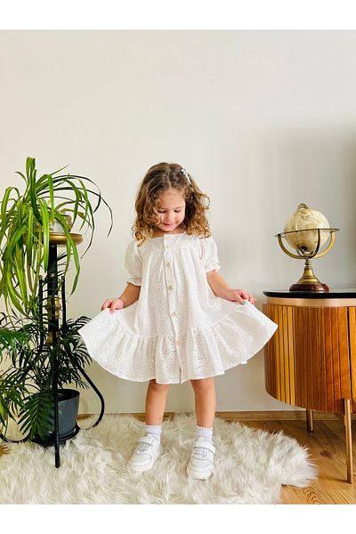 penu baby kids Ecru Buttoned Scallop Short Sleeve Girl's Baby Girl Dress