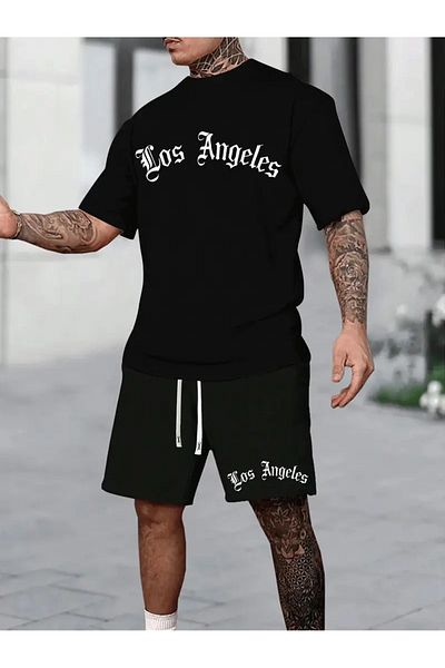 Minikelya Los Angeles City Art Font Print Versatile Short-Sleeved T-Shirt and Shorts Set