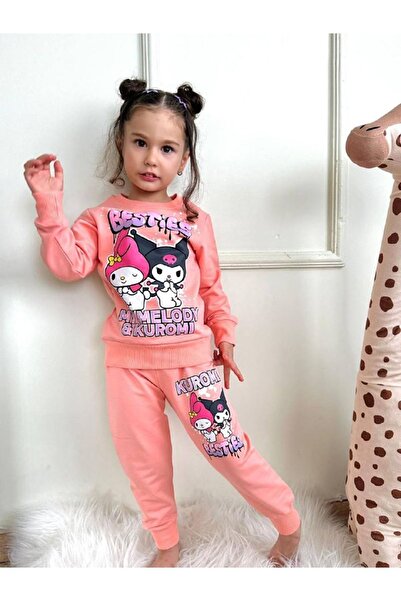 yagmurgiyim Kuromi Patterned Salmon Tracksuit Set for Girls - 100% Cotton, 3-10 Years 7278-S