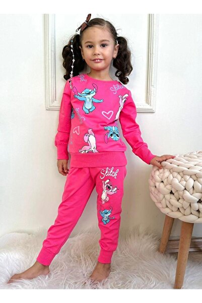 yagmurgiyim Fuchsia Stitch Print Tracksuit Set for Girls - 100% Cotton, 3-10 ...