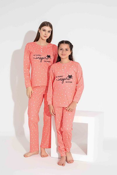 Yağmur Giyim Tarp Salmon Star Interlock Mother Pajamas Set 6400-S