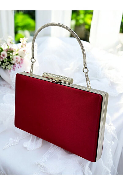 Wedding Fashion Burgundy Cristal Piatră Mâner metalic Satin Geantă de seară p...