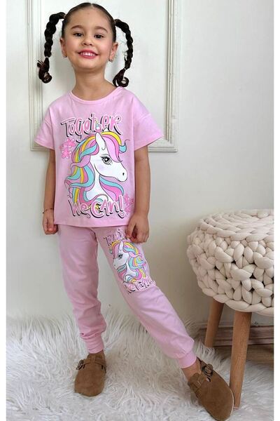Yağmur Giyim PJKKE Unicorn Desenli Pembe Eşofmanlı Kız Çocuk Kısa Kol Takım 3...