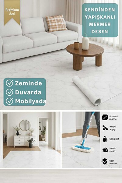 Trendpoint Kendinden Yapışkanlı Mermer Görünümlü 60cm×300cm Premium Zemin Duv...