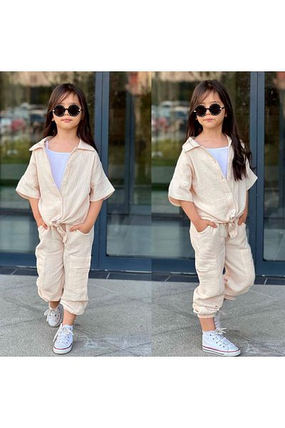 Yağmur Giyim 7029-E Girl's Set: Emulsin Shirt, Suspender Bottom, Trousers 3-12 Years