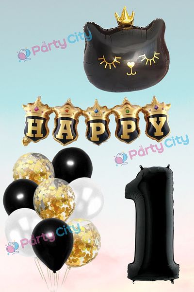 Party City Σετ μπαλονιών με θέμα την κορώνα μαύρη γάτα 1 έτους - Γιορτή γενεθλίων