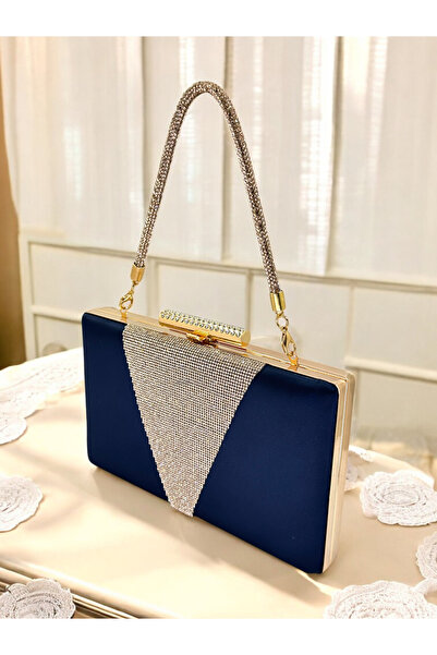 Generic Brand Navy Blue Satin Evening Dress Bag Crystal 2026 Collection Strap...