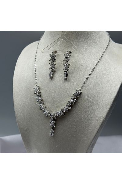 HADRA ACCESSORİES Flower Model Zircon Evening Dress Necklace Earring Set Bridal Jewelry Set Engagement Set Party Invitation Set