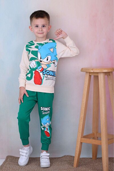 yagmurgiyim PJK2I طقم بدلة رياضية للأولاد بنمط سونيك باللون الأخضر الداكن 2 حبل 100% قطن 3-10 سنوات 7249-KY