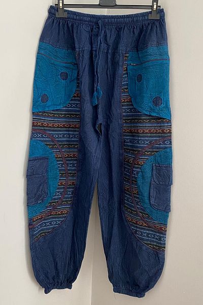 AYASOFYA OTANTIK Unisex Nepalese Blue Ethnic Authentic Loose Hippie Bohemian Trousers with Elastic Waist and Legs and Zippered Pockets