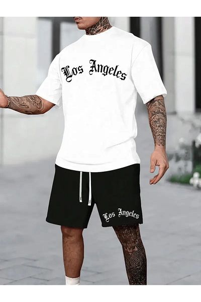 Minikelya Los Angeles City Art Font Print Versatile Short-Sleeved T-Shirt and Shorts Set