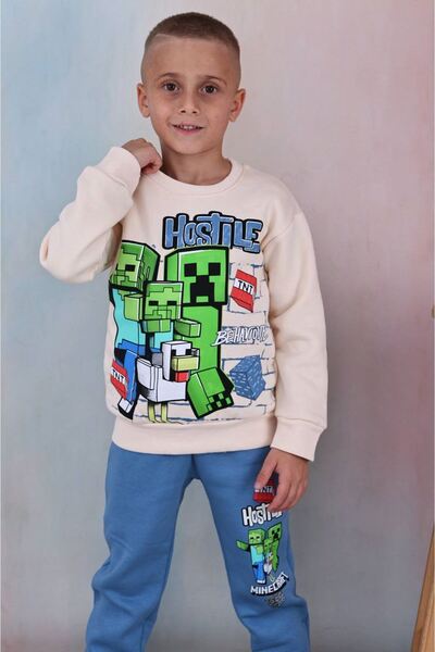 yagmurgiyim Pjk3İ Minec Patterned Blue 3-Strand Ribbed Cotton Boys' Tracksuit Set Age 3-10 7356-m
