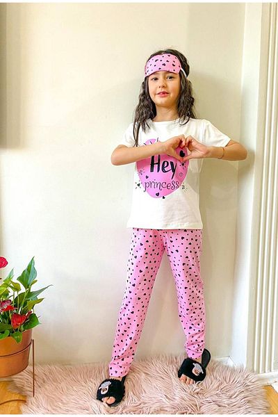 yagmurgiyim Princess Print Ecru Short Sleeve Girl's Pajama Set - 4-12 Years 519