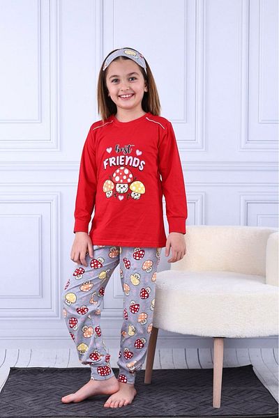 Yağmur Giyim Kapıp Red Mushroom Printed Long Sleeve Female Child Pajamas Set 11-15 Years 8027-K