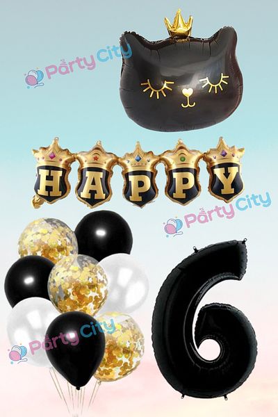 Party City 6 Year Old Crowned Black Cat Themed Foil Balloon Set - Birthday Celebration