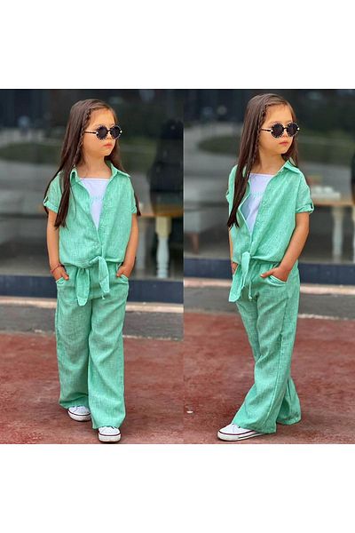 yagmurgiyim 3-Piece Mint Linen Set for Girls - Shirt, Sling Badi and Pants 5-14 Years 7095-m