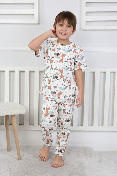 Yağmur Giyim İsob Ecru Balloon Giraffe Patterned 100% Cotton Boys Short Sleeve Pajama Set 3-8 Years 41318-E