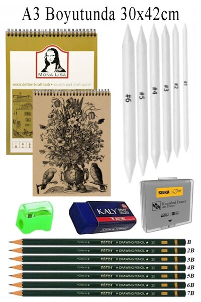 Artlantis A3 Kraft Sketchbook with Spiral 50 Sheets Pencil Drawing Set Shadin...