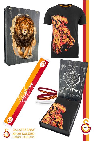 Galatasaray Γνήσιο μπλουζάκι με στάμπα Lion με άδεια χρήσης + βραχιόλι + σετ μαντήλι με ξύλινο κουτί δώρου